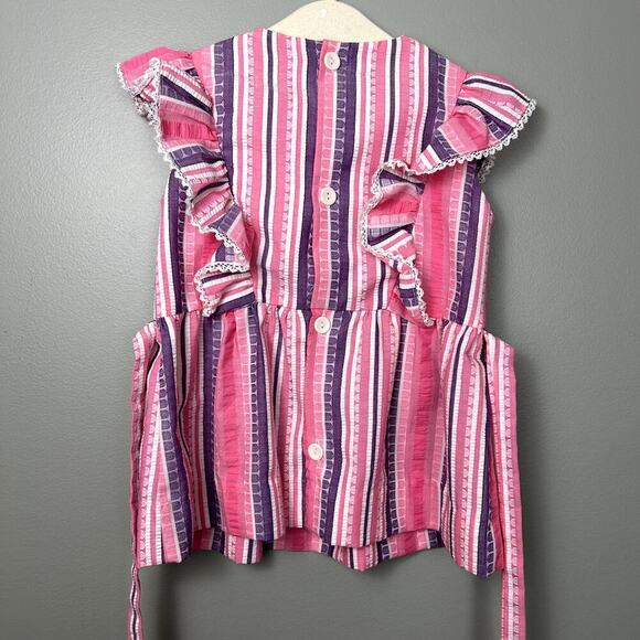 Vintage 70's Pinafore Dress Toddler Girl's Pink Purple Ruffle Stripe Summer Mini - Picture 5 of 8